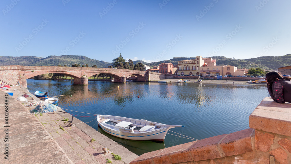 Panoramic view of a river with fishing boats