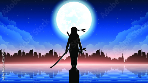 Dark Background Ninja Moon City Person Silhouette Water Clouds Sky People Night