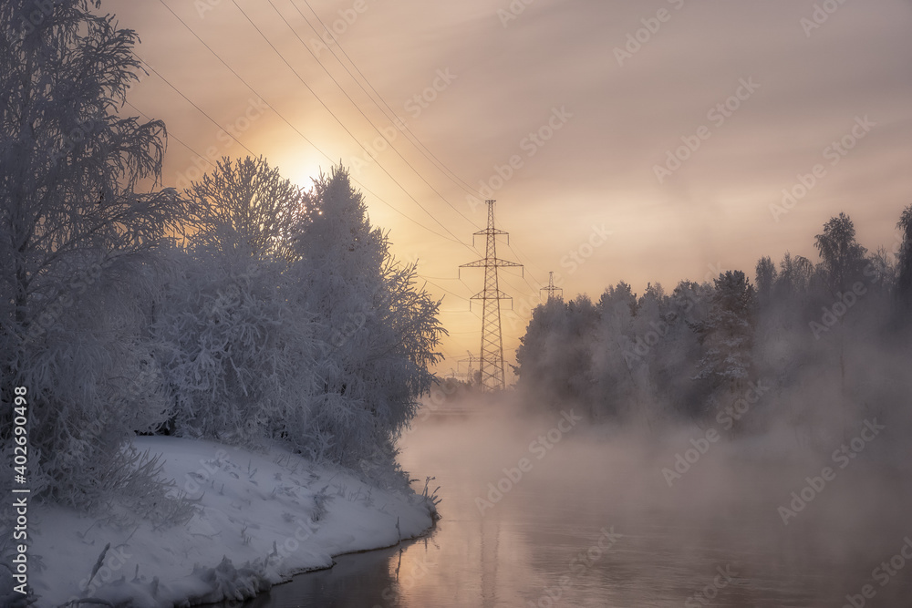 Reftinskaya GRES power station with Reftinsky reservoir in winter, Russia, Ural Reftinskaya GRES power station with Reftinsky reservoir in winter, Russia, Ural