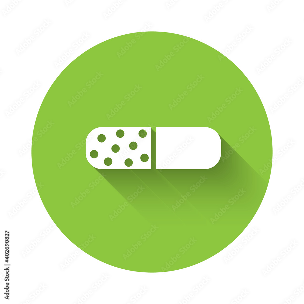 White Vitamin complex of pill capsule icon isolated with long shadow. Healthy lifestyle. Green circle button. Vector. White Vitamin complex of pill capsule icon isolated with long shadow. Healthy lifestyle. Green circle button. Vector.