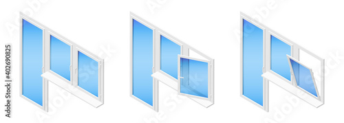 Set of isometric vector illustrations metal plastic PVC balcony doors and windows isolated on white background. Casement window in different positions: closed, tilted open and swung fully open.