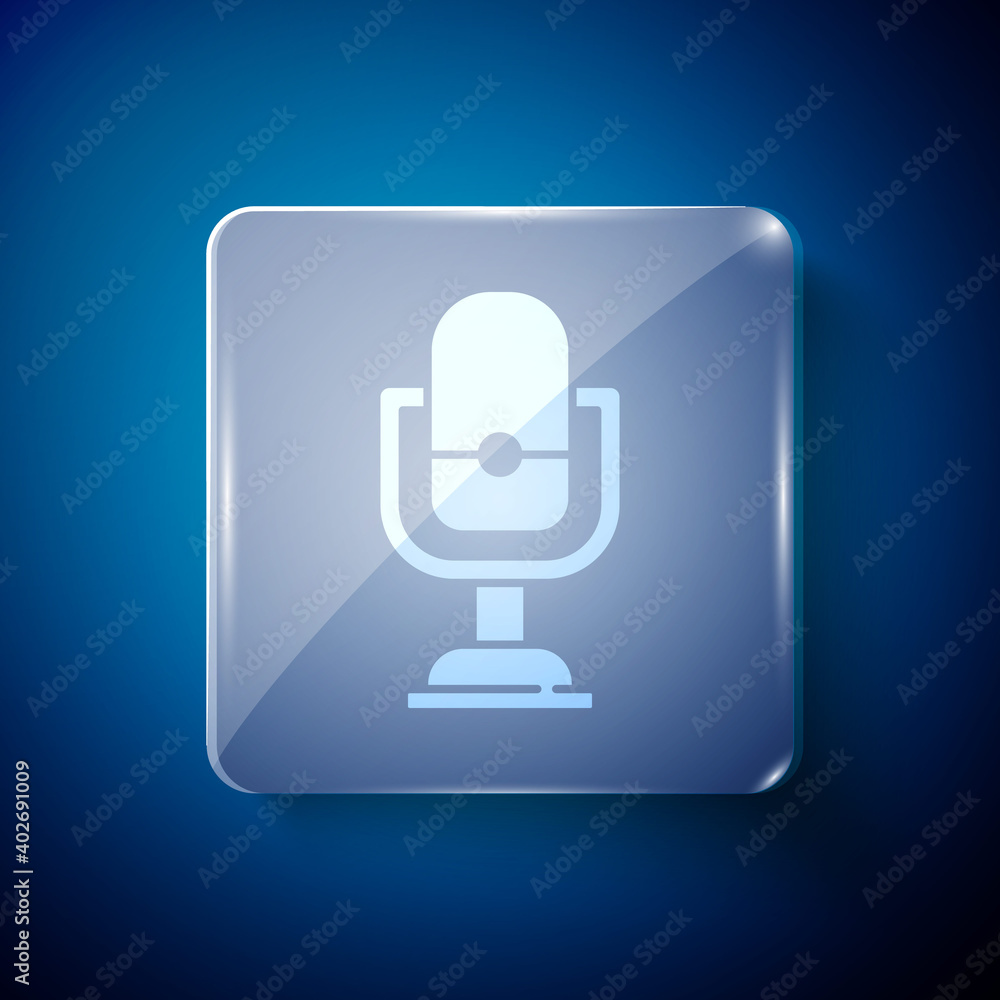 White Microphone icon isolated on blue background. On air radio mic microphone. Speaker sign. Square glass panels. Vector. White Microphone icon isolated on blue background. On air radio mic microphone. Speaker sign. Square glass panels. Vector.