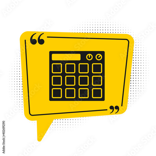 Black Drum machine music producer equipment icon isolated on white background. Yellow speech bubble symbol. Vector.