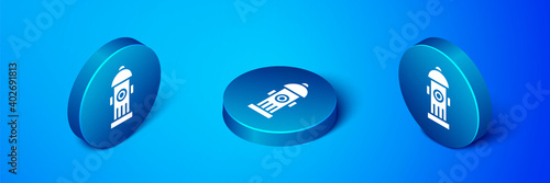 Isometric Fire hydrant icon isolated on blue background. Blue circle button. Vector.
