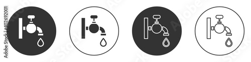 Black Water tap icon isolated on white background. Circle button. Vector.