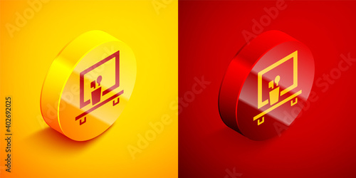 Isometric Washbasin mirror icon isolated on orange and red background. Bathroom interior with a mirror. Circle button. Vector.