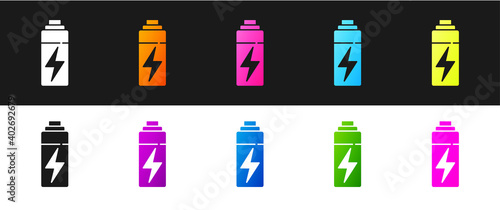 Set Battery icon isolated on black and white background. Lightning bolt symbol. Vector.