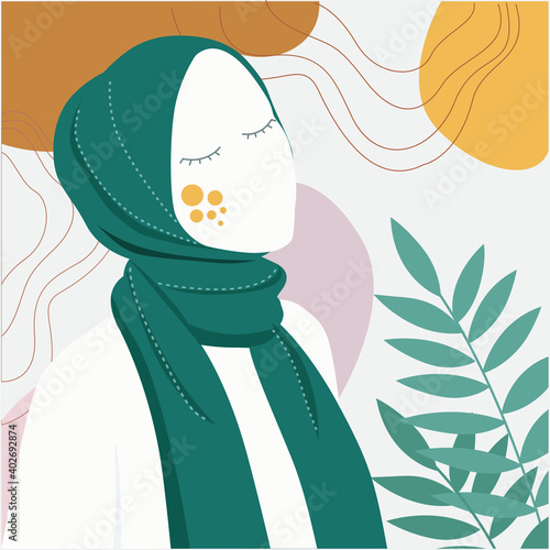 Beautiful Muslim women wearing hijab illustration. cute little girl with floral wreath character