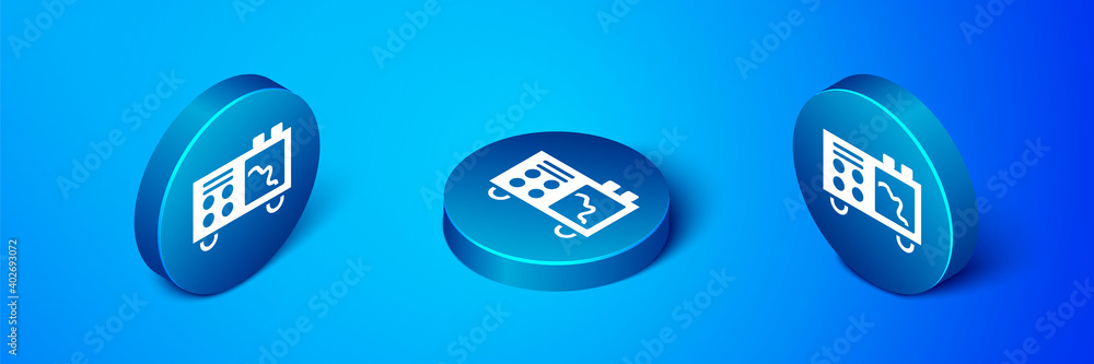 Isometric Spectrometer icon isolated on blue background. Blue circle button. Vector. Isometric Spectrometer icon isolated on blue background. Blue circle button. Vector.