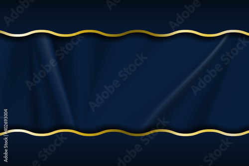 Luxury line golden border on fabric crumple with dark blue stripe background. Vector illustration