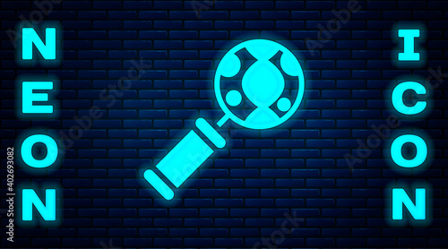 Glowing neon DNA research, search icon isolated on brick wall background. Magnifying glass and dna chain. Genetic engineering, cloning, paternity testing. Vector.