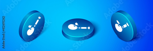 Isometric Genetically modified apple icon isolated on blue background. GMO fruit. Syringe being injected to apple. Blue circle button. Vector.