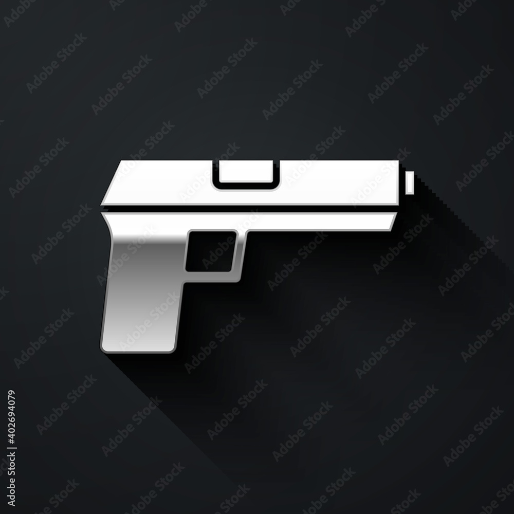 Silver Pistol or gun icon isolated on black background. Police or military handgun. Small firearm. Long shadow style. Vector. Silver Pistol or gun icon isolated on black background. Police or military handgun. Small firearm. Long shadow style. Vector.