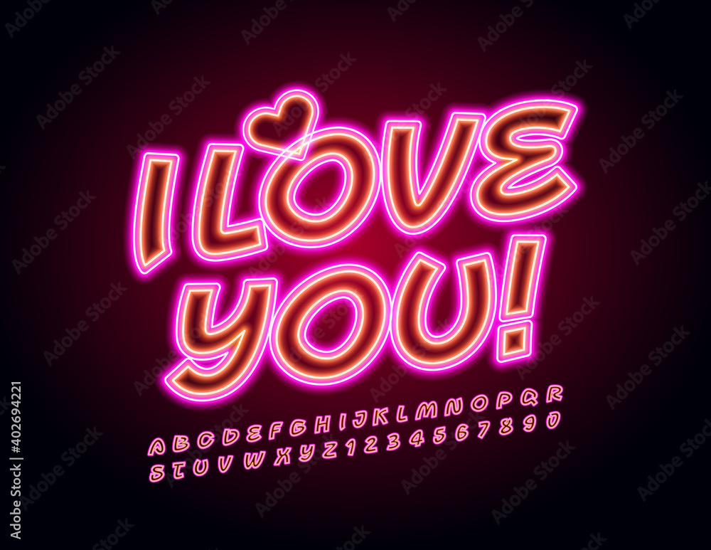 Vector bright card I Love You with cute Heart. Pink Neon Font. Light Alphabet Letters and Numbers set
