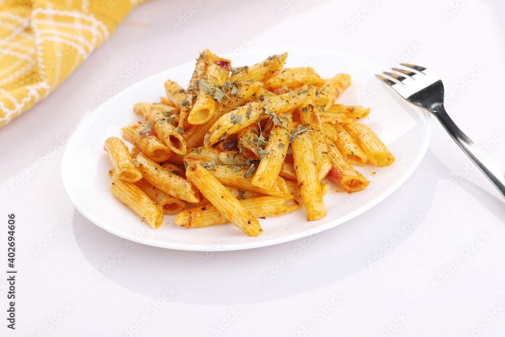 Food - Delicious Penne Pasta Plate with a Fork on White Background