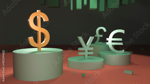 Gilded dollar symbol stands on a plinth against the background of other currencies. 3D rendering. The concept of finance, exchange rates, forex photo