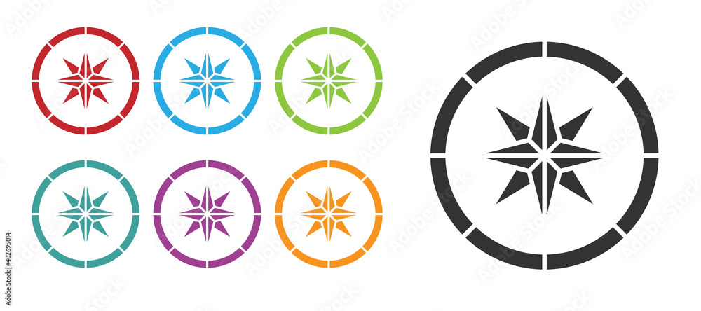 Black Compass icon isolated on white background. Windrose navigation symbol. Wind rose sign. Set icons colorful. Vector.