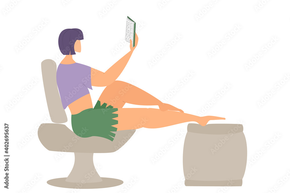Fototapeta premium The girl sits in a stylish armchair and reads a book. Home hobby during isolation. Distance education.