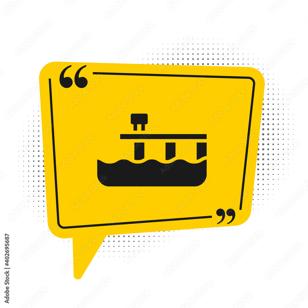 Black Beach pier dock icon isolated on white background. Yellow speech bubble symbol. Vector. Black Beach pier dock icon isolated on white background. Yellow speech bubble symbol. Vector.