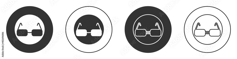Black Glasses icon isolated on white background. Eyeglass frame symbol. Circle button. Vector. Black Glasses icon isolated on white background. Eyeglass frame symbol. Circle button. Vector.