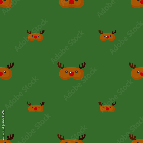Mask deer brown color geometric seamless pattern on green background. Children graphic design element for different purposes.