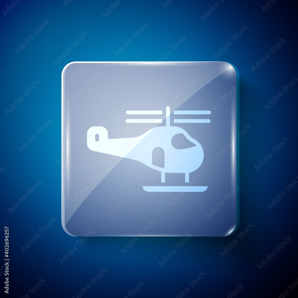 White Helicopter aircraft vehicle icon isolated on blue background. Square glass panels. Vector. White Helicopter aircraft vehicle icon isolated on blue background. Square glass panels. Vector.
