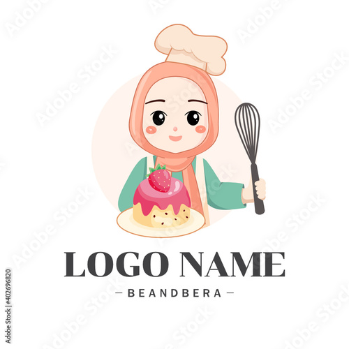 Cute bakery muslim female chef  holding a cake smiling cartoon art illustration logo