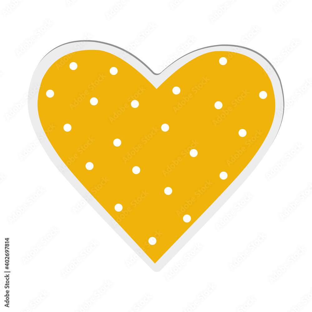 Sticker. Yellow heart with white polka dots on a white background. Love symbol for Valentine's Day, greeting card. For fashion prints, cups, textiles, clothing. 