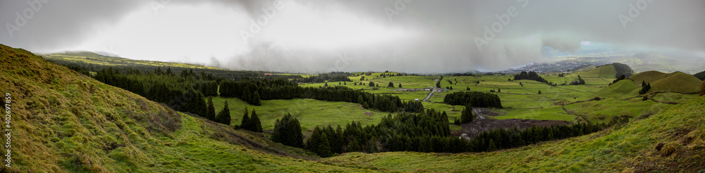 Panoramic view over pastures, at the Azores.