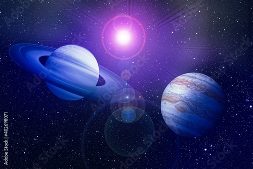 Fototapeta Naklejka Na Ścianę i Meble -  Great Conjunction: Jupiter and Saturn Meet on Solstice. Elements of this image furnished by NASA. 3 D - image