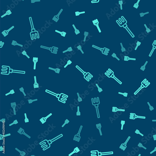 Green line Garden rake icon isolated seamless pattern on blue background. Tool for horticulture, agriculture, farming. Ground cultivator. Vector Illustration.