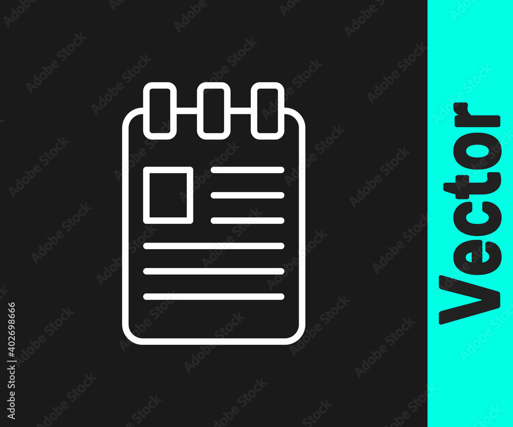 White line Notebook icon isolated on black background. Spiral notepad icon. School notebook. Writing pad. Diary for school. Vector Illustration.