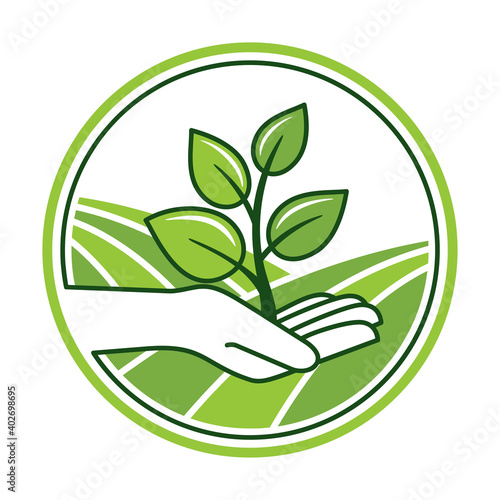 Hand holding plant with green fields on backdrop