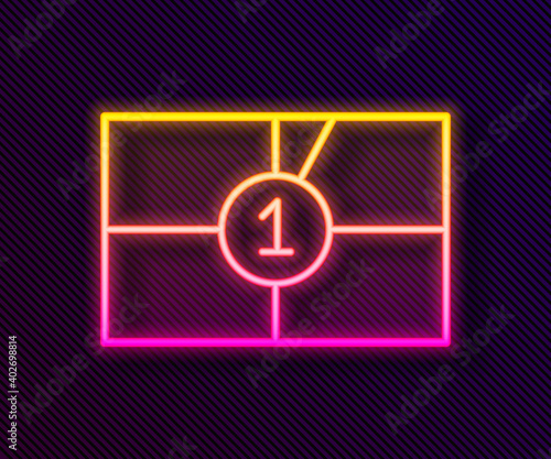 Glowing neon line Old film movie countdown frame icon isolated on black background. Vintage retro cinema timer count. Vector Illustration.