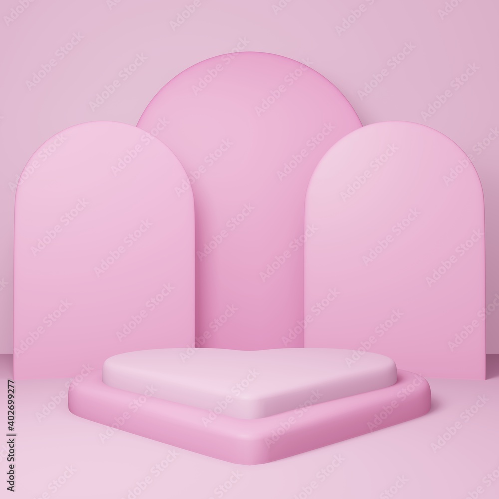 Valentines day, 3d heart shape podium or pedestal with pink empty studio room, minimal product background, template mock up for display, geometric shape Valentines day, 3d heart shape podium or pedestal with pink empty studio room, minimal product background, template mock up for display, geometric shape