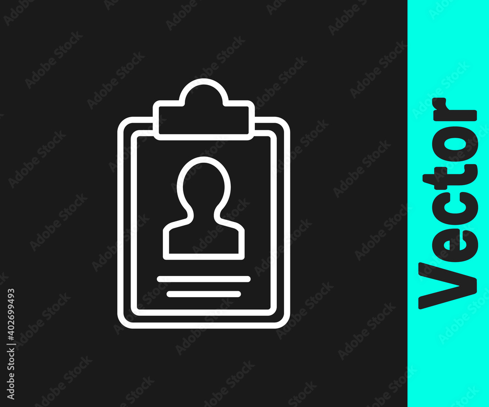 White line Clipboard with resume icon isolated on black background. CV application. Curriculum vitae, job application form with profile photo. Vector. White line Clipboard with resume icon isolated on black background. CV application. Curriculum vitae, job application form with profile photo. Vector.