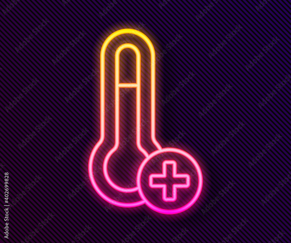 Glowing neon line Meteorology thermometer measuring icon isolated on black background. Thermometer equipment showing hot or cold weather. Vector. Glowing neon line Meteorology thermometer measuring icon isolated on black background. Thermometer equipment showing hot or cold weather. Vector.