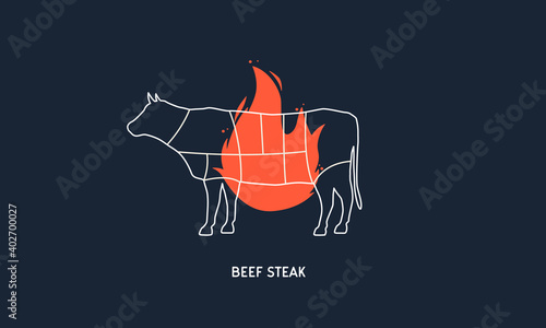 Beef Steak. Barbecue, Butchery logo. Cow, Bull silhouette with fire, flame. Butcher's diagram template. Restaurant menu design. Vector illustration