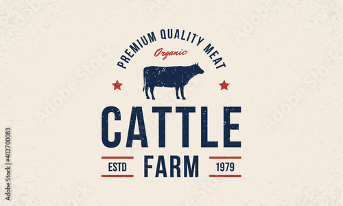 Cattle farm logo. Cattle farm trendy logo, emblem, poster with cow silhouette. Vintage typography. Graphic emblem template for grocery store, food market, restaurant and butchery Vector illustration