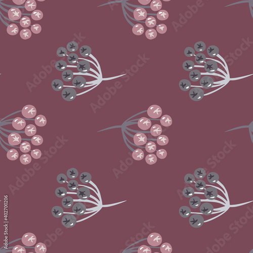 Nature seamless pattern with doodle botanical rowanberry elements. Pastel purple background.