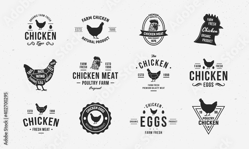 Vector Chicken, Hen vintage logo set. 12 trendy retro emblem and poster templates for Poultry Business, Butchery, Meat shop, Restaurant menu design. Chicken cuts diagram. Chicken egg, meat. 
