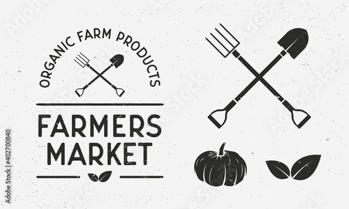 Farmers Market vintage set. Label, badge, poster for Farmer's market, grocery store, food store. Organic food store logo with shovel and pitchfork, pumpkin, leaves. Vector illustration