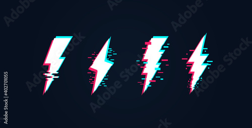 Vector set of lightnings with glitch effect. Thunderbolt icons in distorted glitch style. Hipster glitch logo design. Modern trendy backgrounds for design banner, poster, cover.