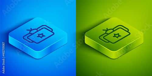 Isometric line Ushanka icon isolated on blue and green background. Russian fur winter hat ushanka with star. Soviet Union uniform of KGB and NKVD. Square button. Vector.