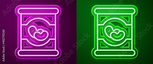 Glowing neon line Beans in can icon isolated on purple and green background. Vector.