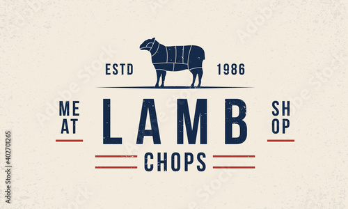 Lamb Chops vintage logo. Butchery template logo with sheep silhouette. Modern design poster. Label, badge, poster for butchery, meat shop, barbecue or steak house. Vector illustration