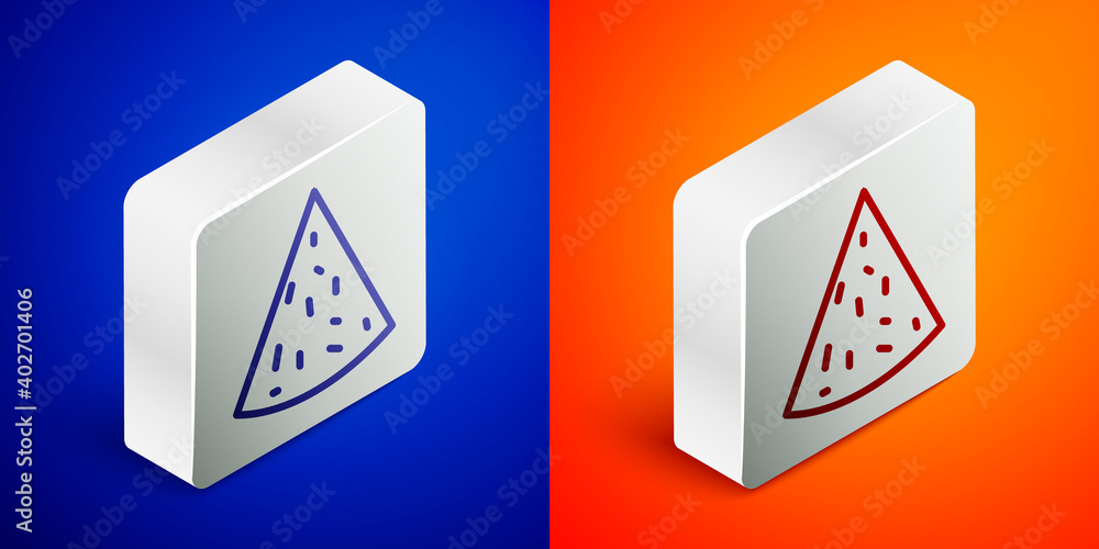 Isometric line Nachos icon isolated on blue and orange background. Tortilla chips or nachos tortillas. Traditional mexican fast food. Silver square button. Vector. Isometric line Nachos icon isolated on blue and orange background. Tortilla chips or nachos tortillas. Traditional mexican fast food. Silver square button. Vector.