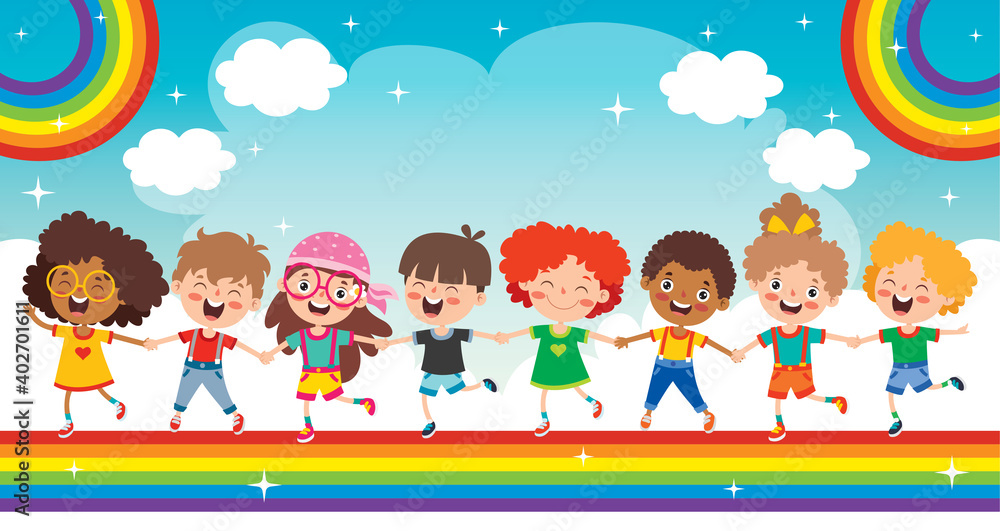 Multi Ethnic Kids Playing On Rainbow Multi Ethnic Kids Playing On Rainbow