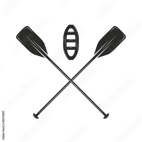 Rafting icon. Crossed rafting paddle with canoe isolated on white background. Water sport, Kayak, Canoe. Vector illustration