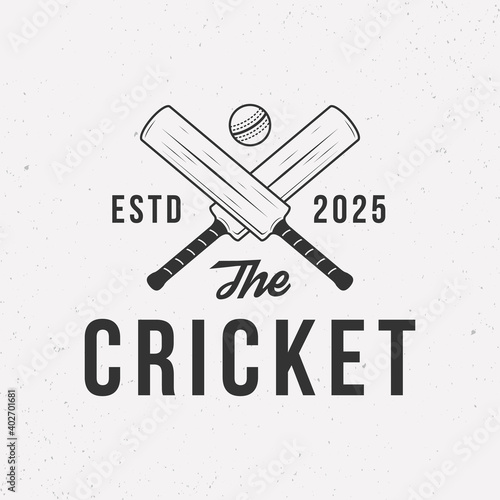Cricket championship logo, poster for sport event. Trendy cricket logo template with crossed cricket bats and ball. Vector illustration